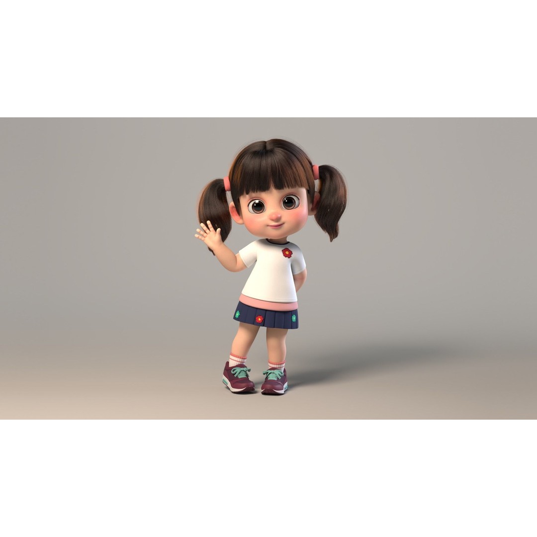 Cute Cartoon Girl Sister 3D Model – Rigged Character with PBR Textures - View 5