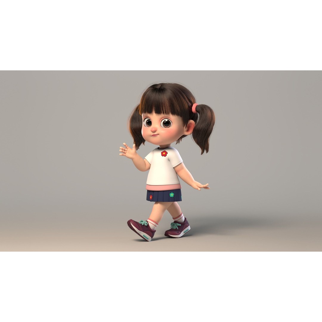 Cute Cartoon Girl Sister 3D Model – Rigged Character with PBR Textures - View 6