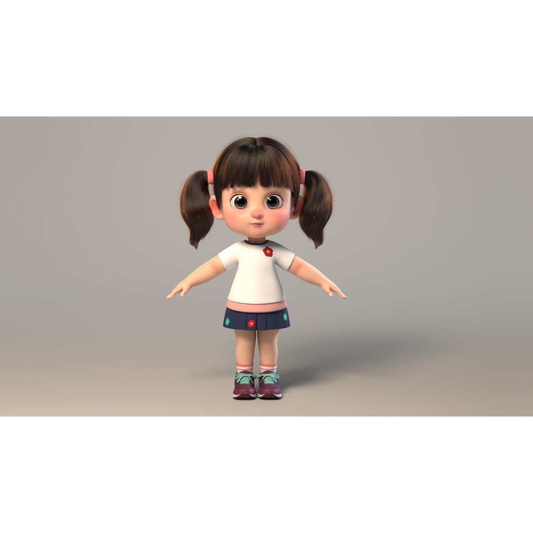 Cute Cartoon Girl Sister 3D Model – Rigged Character with PBR Textures - View 7
