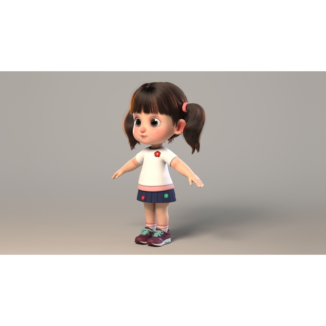 Cute Cartoon Girl Sister 3D Model – Rigged Character with PBR Textures - View 8