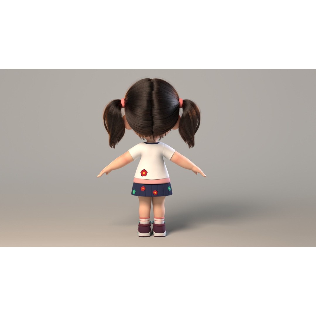 Cute Cartoon Girl Sister 3D Model – Rigged Character with PBR Textures - View 9