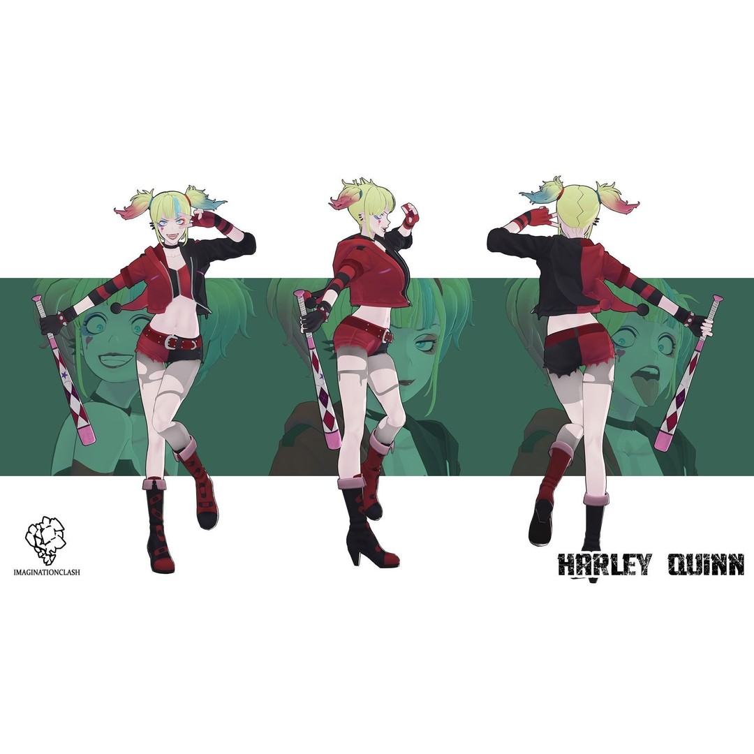 Harley Quinn 3D Model – Isekai Character Rigged for Animation - View 3
