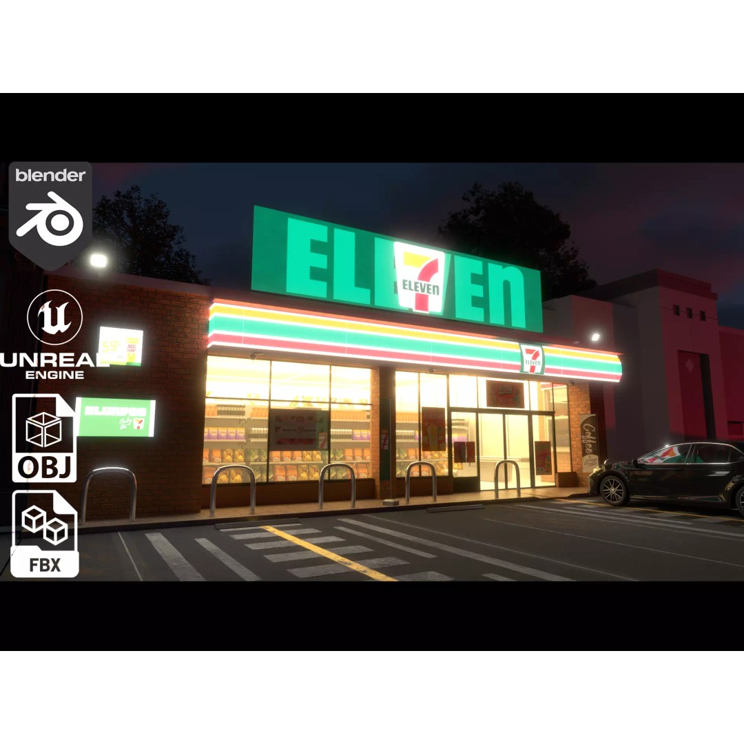7-Eleven Store 3D Model – Low Poly Game Asset, Blender & FBX - View 2