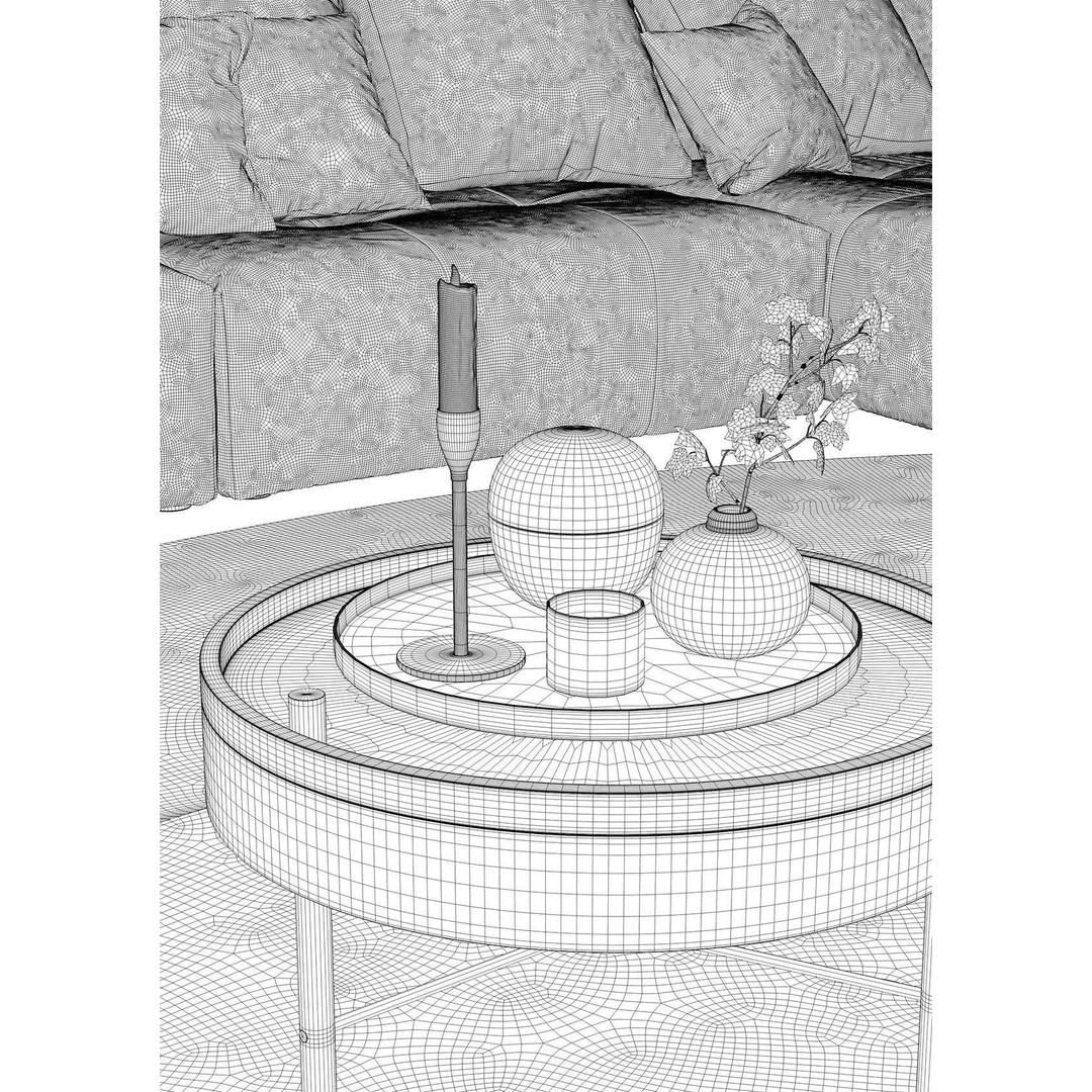 Pixels and Flowers Living Room 3D Model – Textured Interior Scene, Cinema 4D