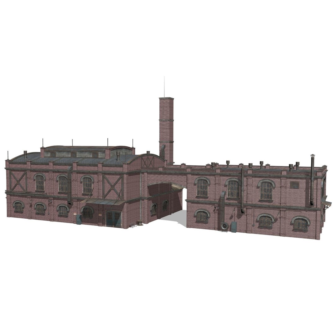 Old Brick Factory 3D Model – Low Poly Industrial Exterior, FBX, OBJ - View 10