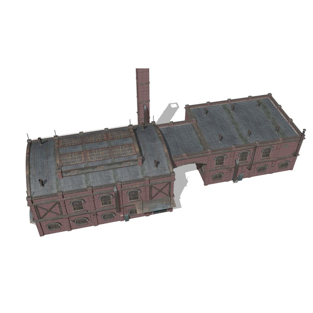 Old Brick Factory 3D Model – Low Poly Industrial Exterior, FBX, OBJ - View 12