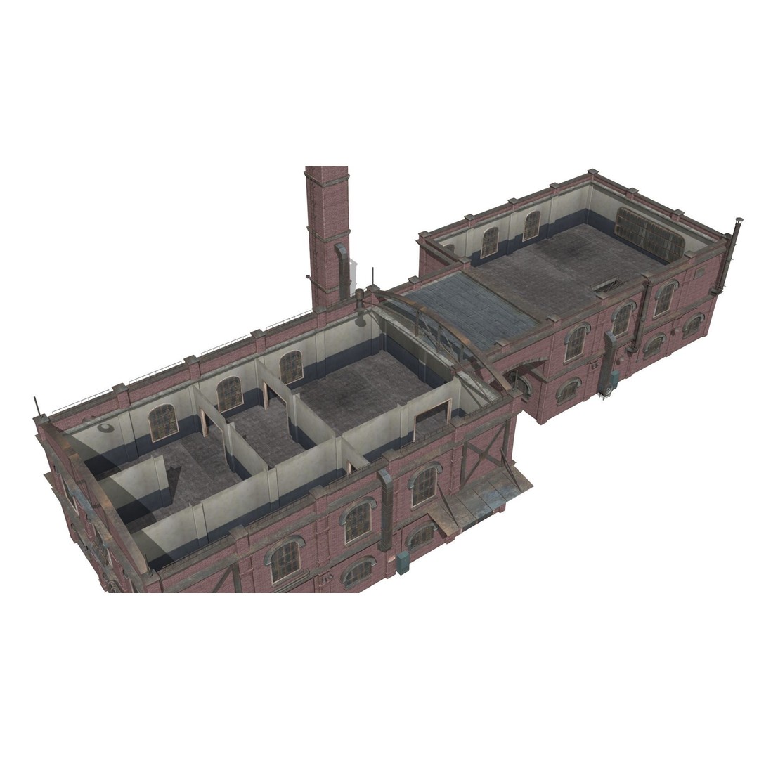 Old Brick Factory 3D Model – Low Poly Industrial Exterior, FBX, OBJ - View 13