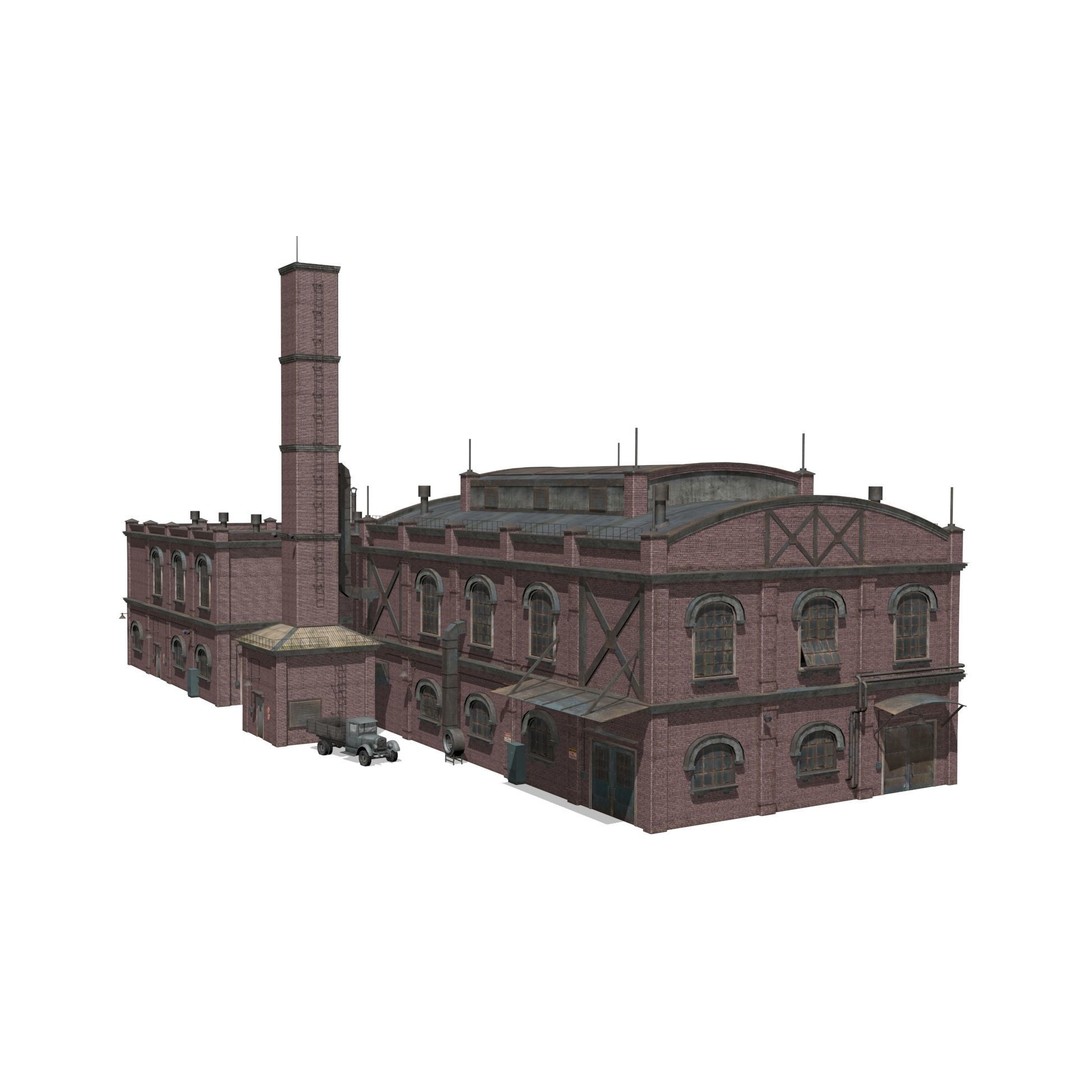 Old Brick Factory 3D Model – Low Poly Industrial Exterior, FBX, OBJ - View 4