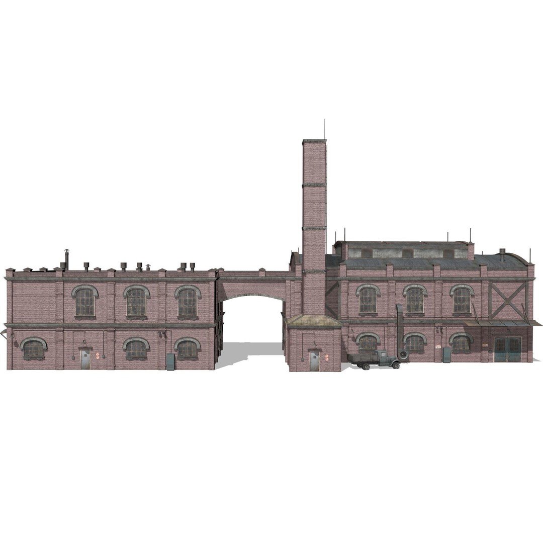 Old Brick Factory 3D Model – Low Poly Industrial Exterior, FBX, OBJ - View 6