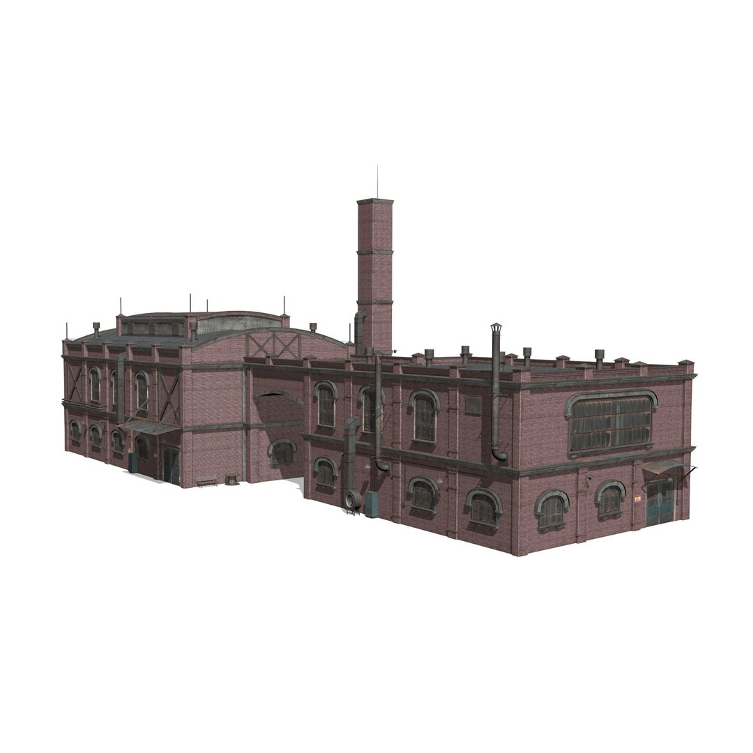 Old Brick Factory 3D Model – Low Poly Industrial Exterior, FBX, OBJ - View 9