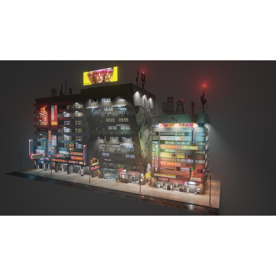 Cyberpunk Street 3D Model – Low Poly Urban Scene with Neon Lights - View 4