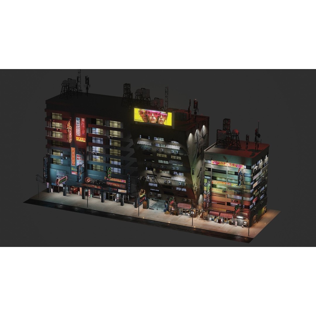 Cyberpunk Street 3D Model – Low Poly Urban Scene with Neon Lights - View 5