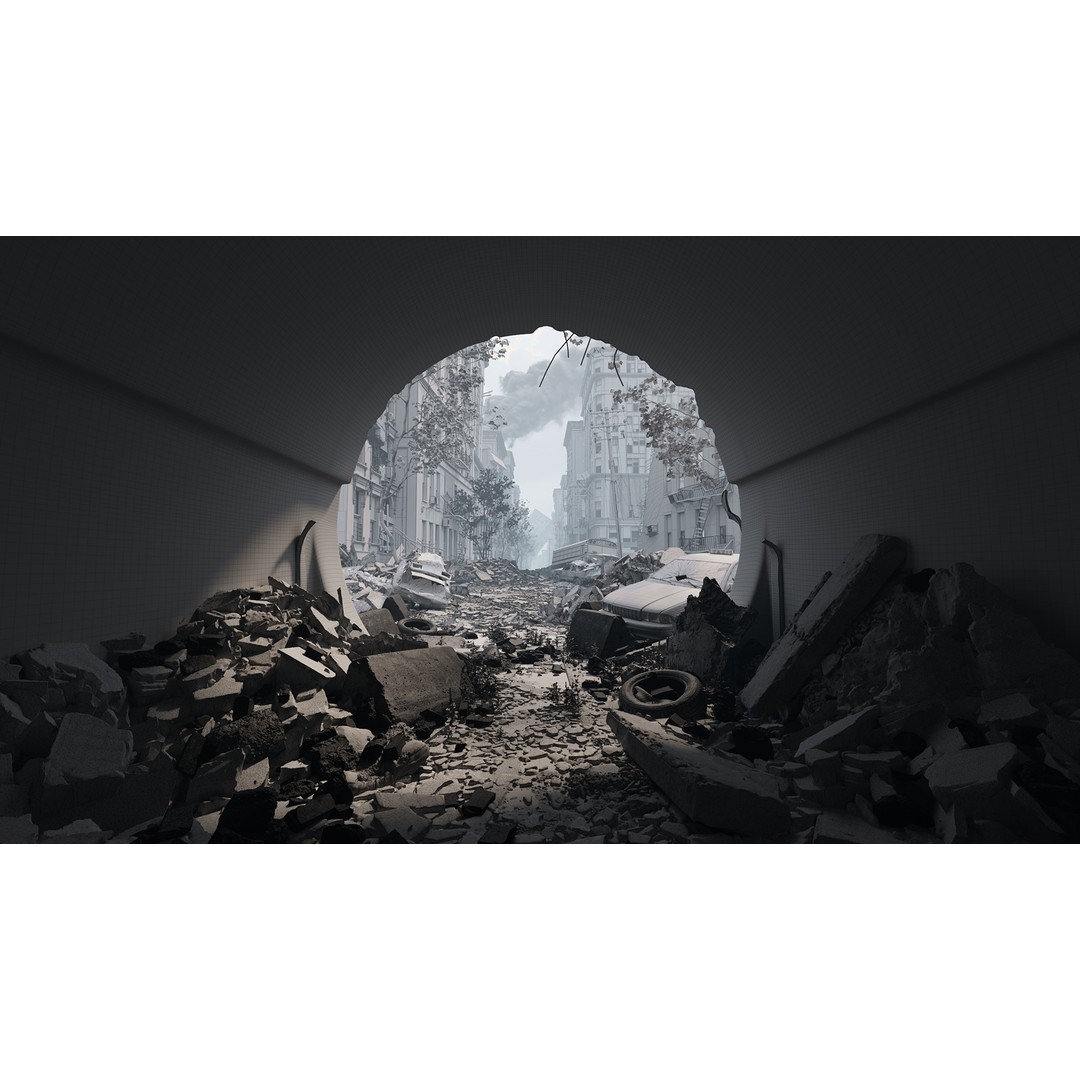 Destroyed City Scene 3D Model – Post-Apocalyptic Environment, PBR