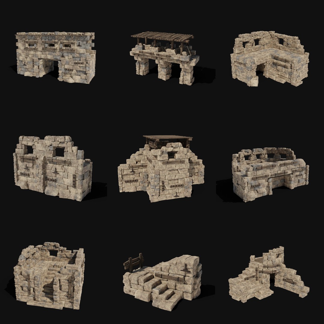 Castle Ruin Walls 3D Model – Low Poly Game Asset, FBX & OBJ