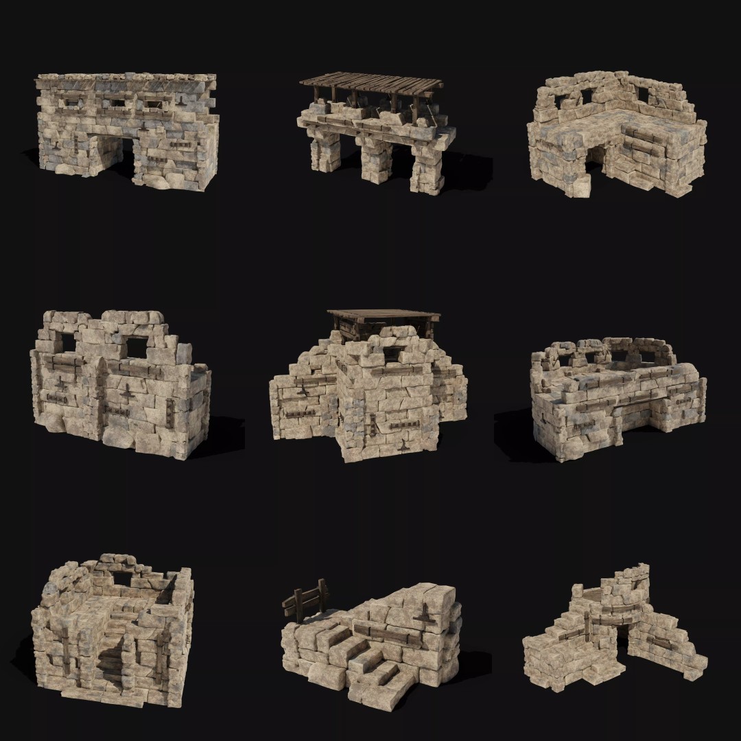 Castle Ruin Walls 3D Model – Low Poly Game Asset, FBX & OBJ - View 2