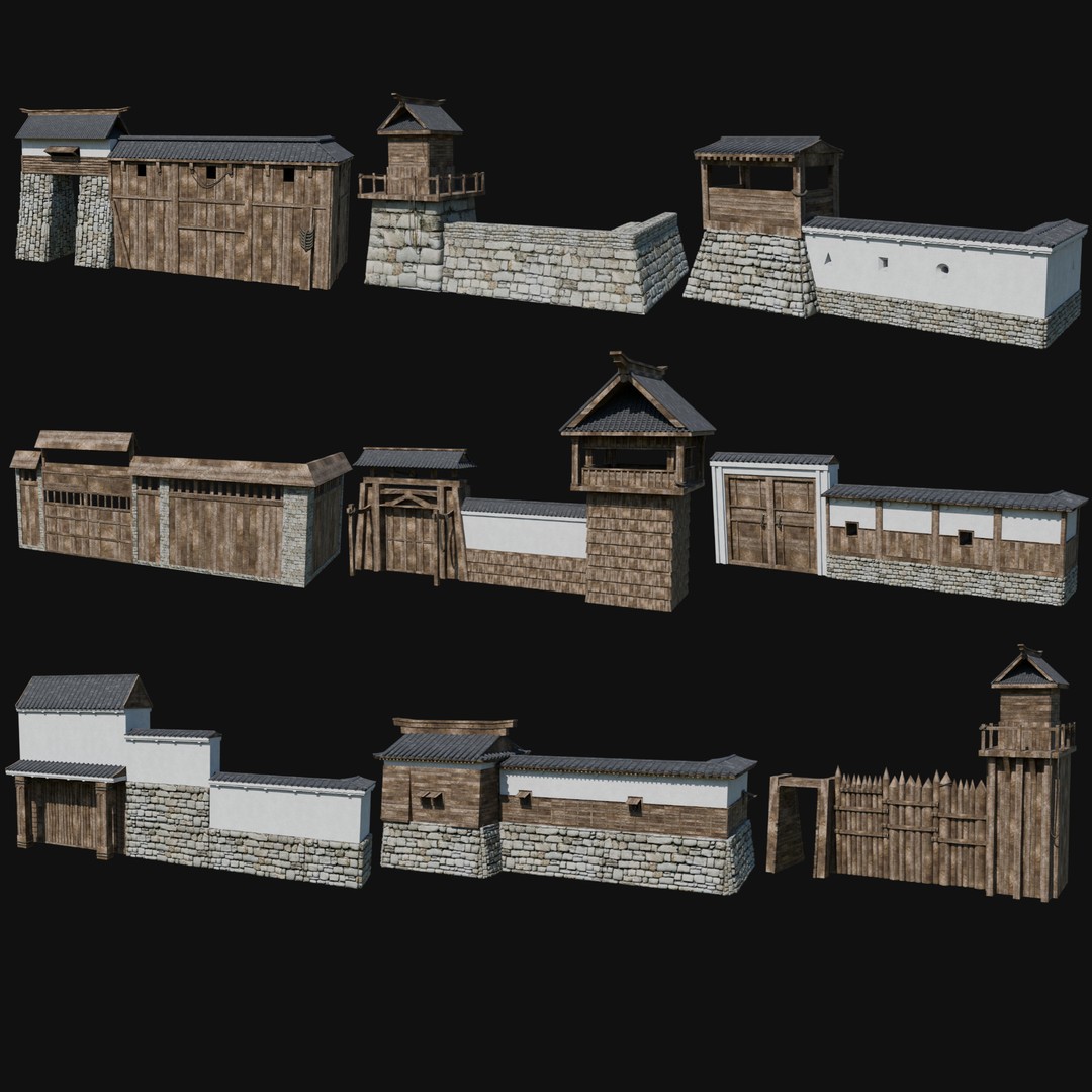 Modular Japanese Walls 3D Model – Low Poly Feudal Fence Collection, FBX, OBJ