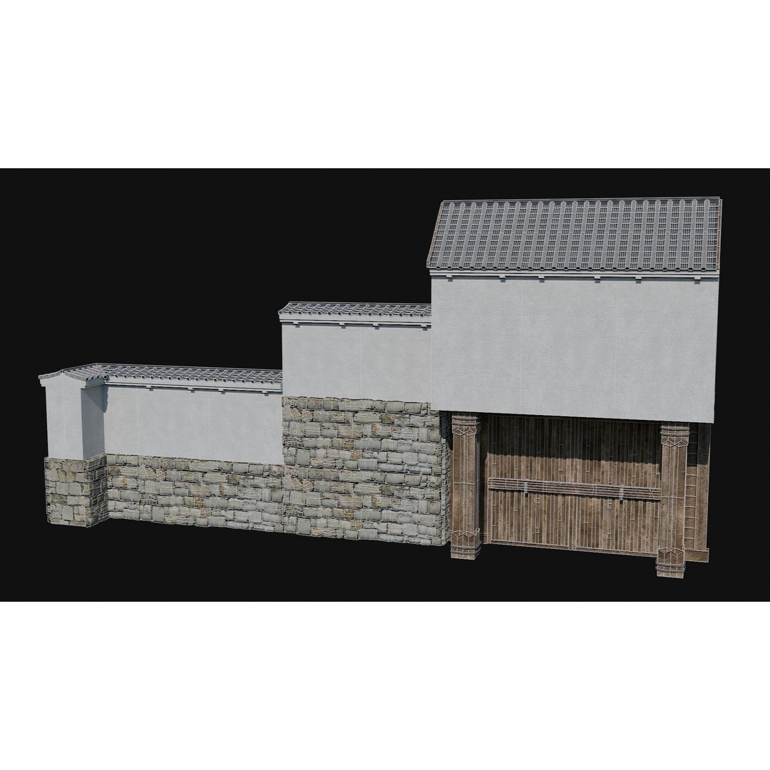 Modular Japanese Walls 3D Model – Low Poly Feudal Fence Collection, FBX, OBJ - View 10