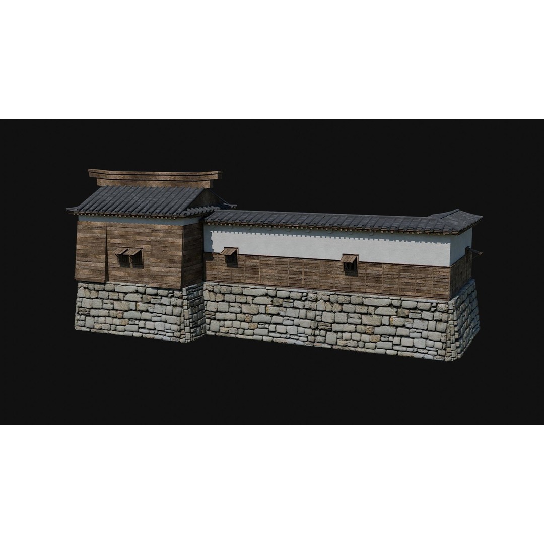 Modular Japanese Walls 3D Model – Low Poly Feudal Fence Collection, FBX, OBJ - View 11