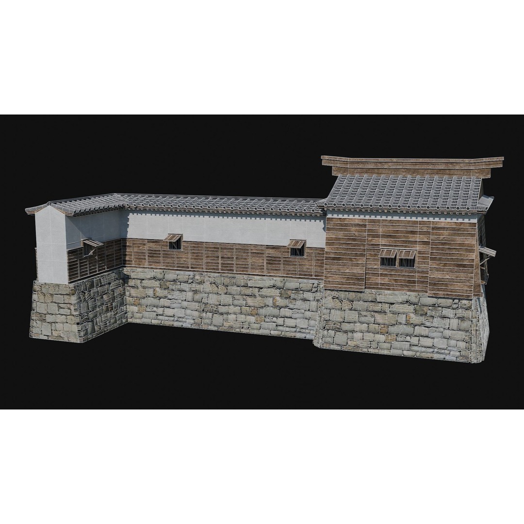Modular Japanese Walls 3D Model – Low Poly Feudal Fence Collection, FBX, OBJ - View 14