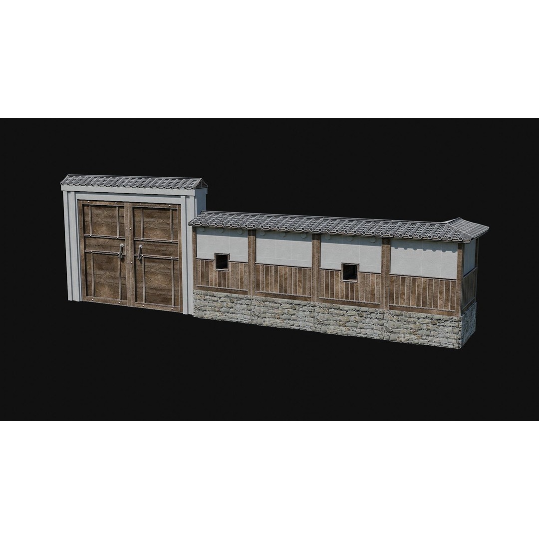 Modular Japanese Walls 3D Model – Low Poly Feudal Fence Collection, FBX, OBJ - View 17