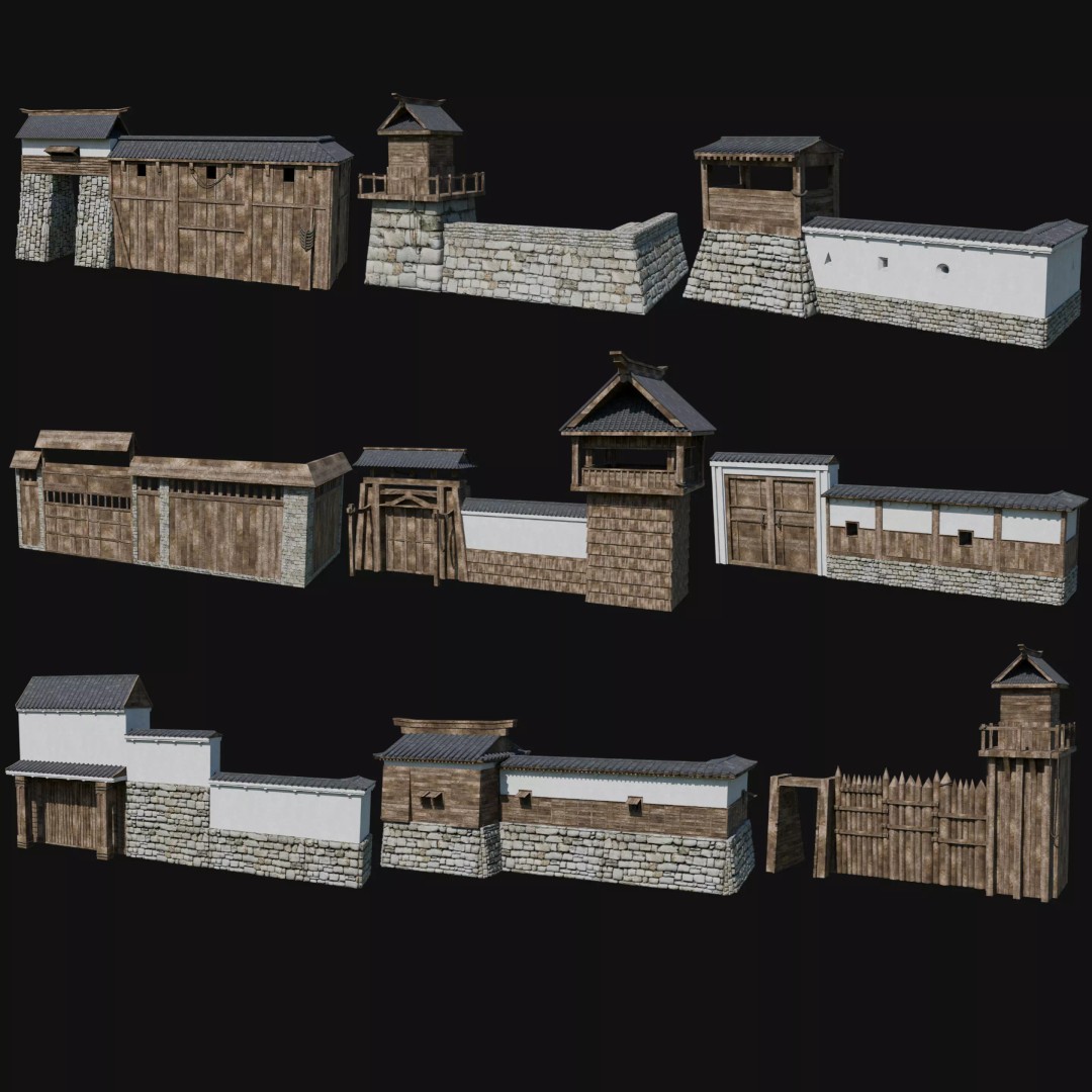 Modular Japanese Walls 3D Model – Low Poly Feudal Fence Collection, FBX, OBJ - View 2