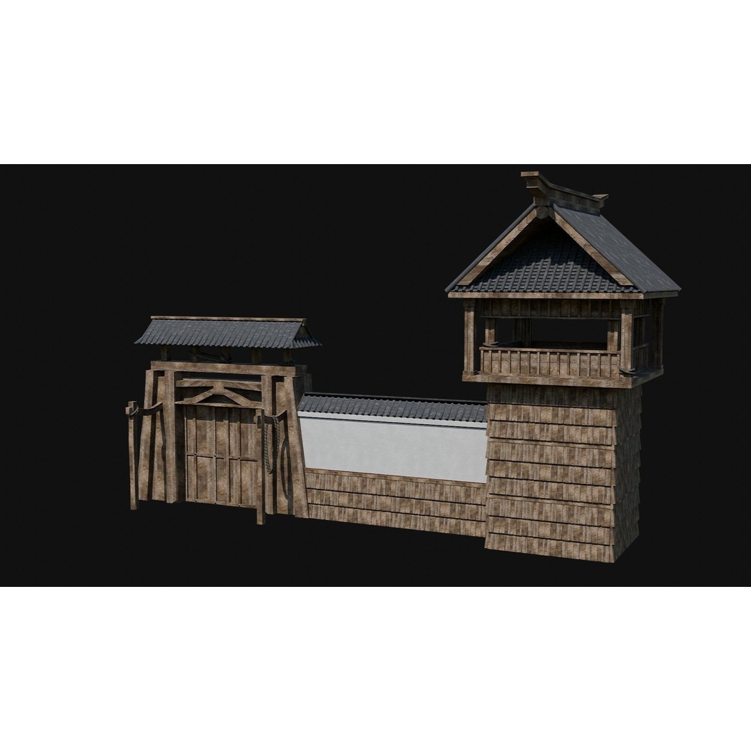 Modular Japanese Walls 3D Model – Low Poly Feudal Fence Collection, FBX, OBJ - View 23