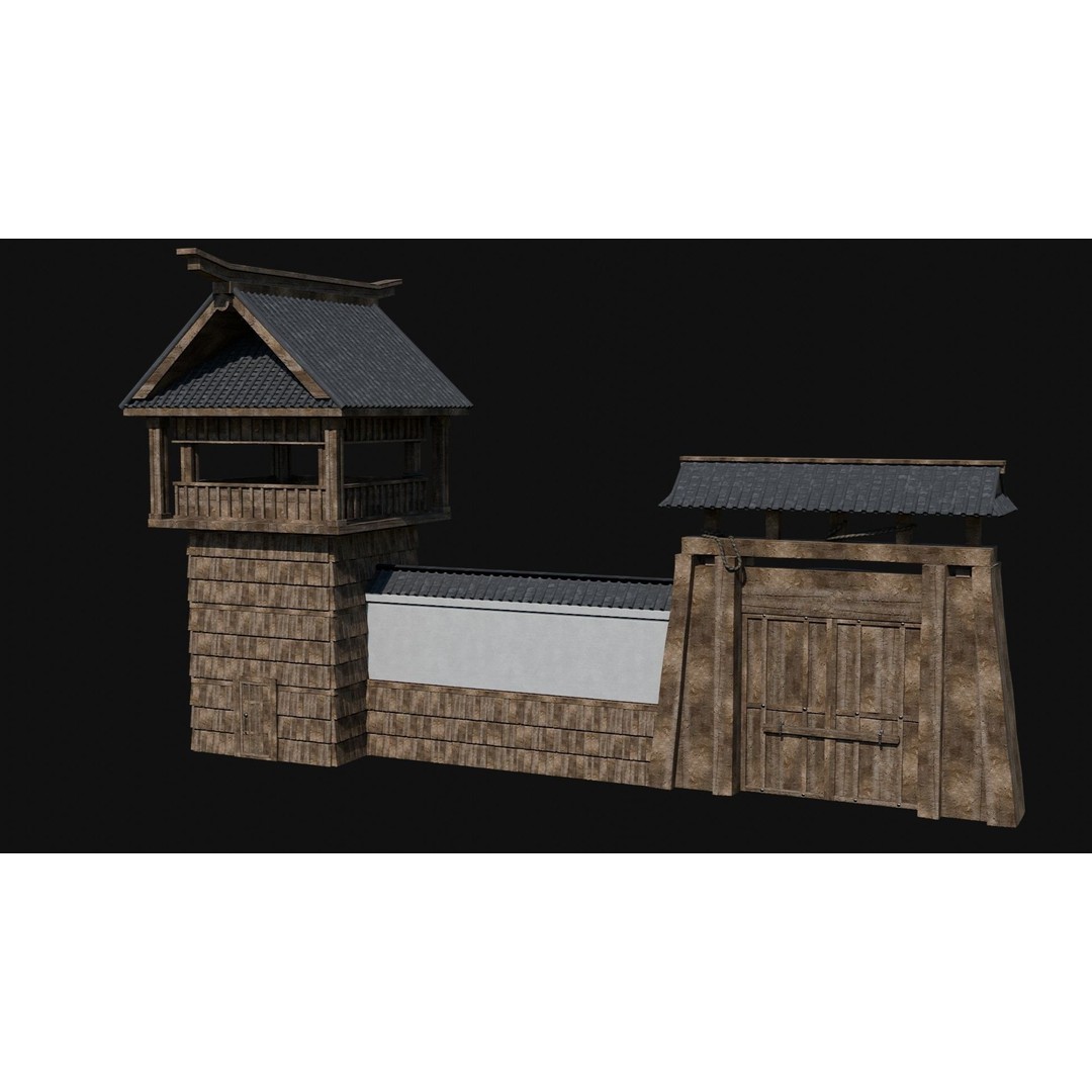 Modular Japanese Walls 3D Model – Low Poly Feudal Fence Collection, FBX, OBJ - View 24