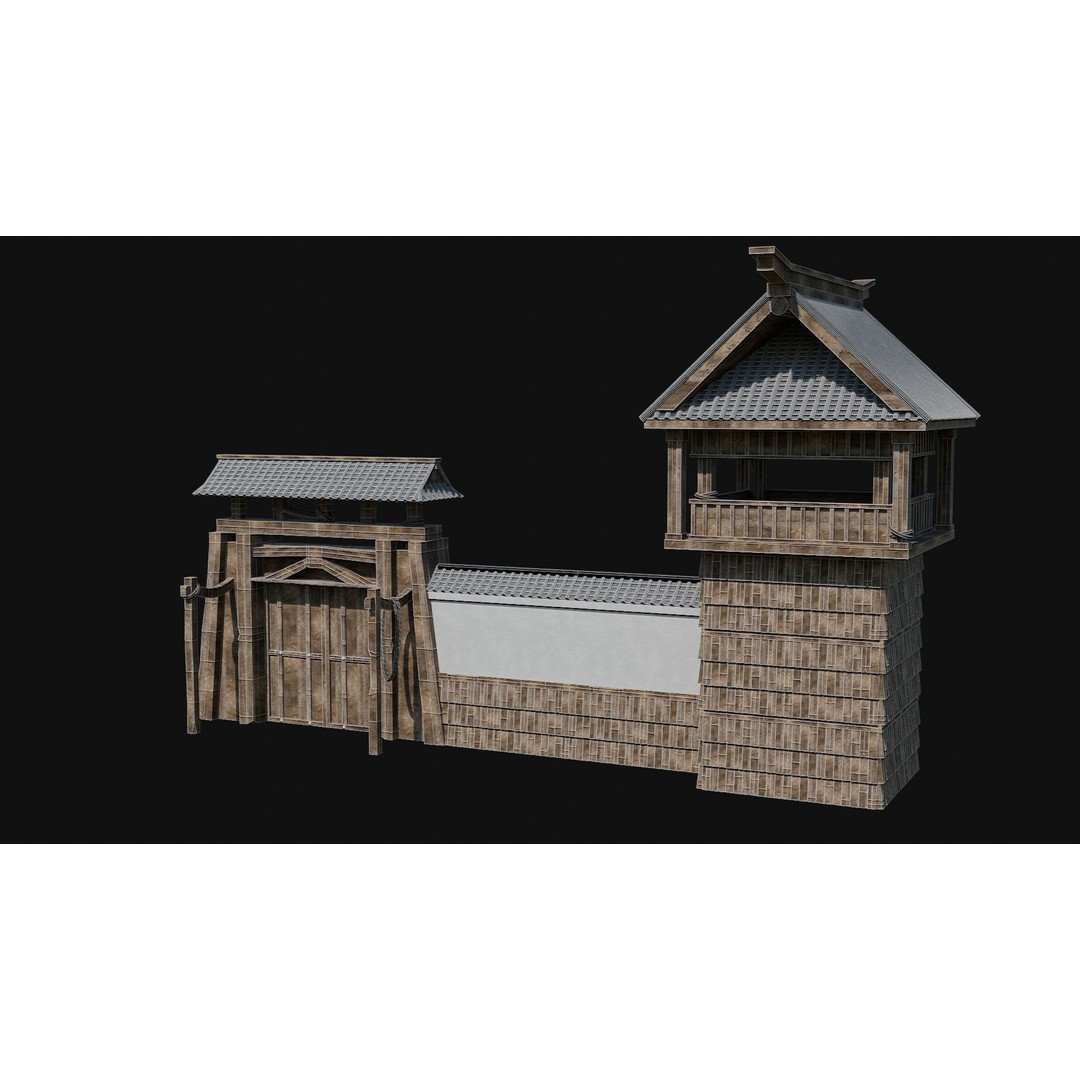 Modular Japanese Walls 3D Model – Low Poly Feudal Fence Collection, FBX, OBJ - View 25