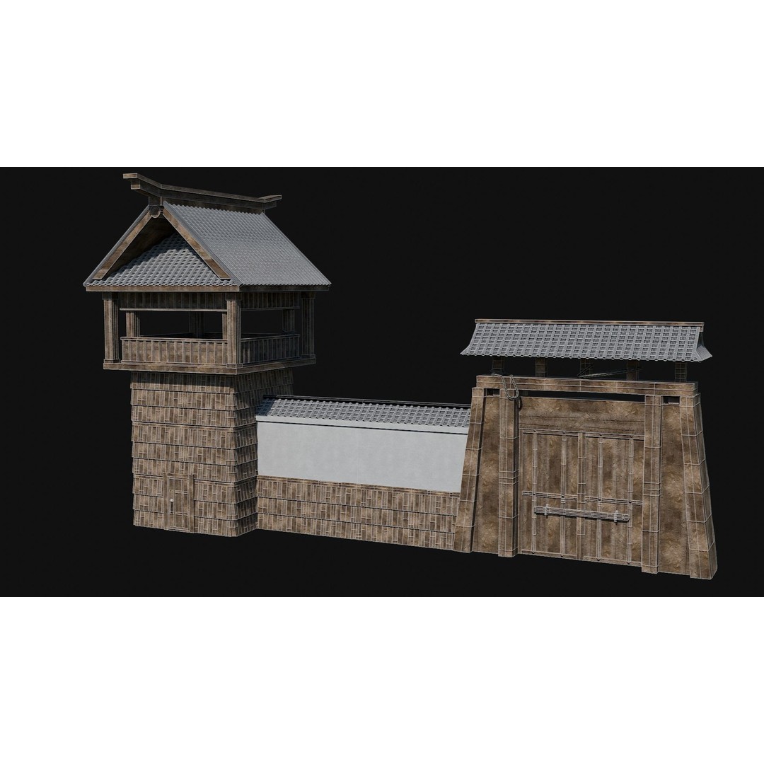 Modular Japanese Walls 3D Model – Low Poly Feudal Fence Collection, FBX, OBJ - View 26