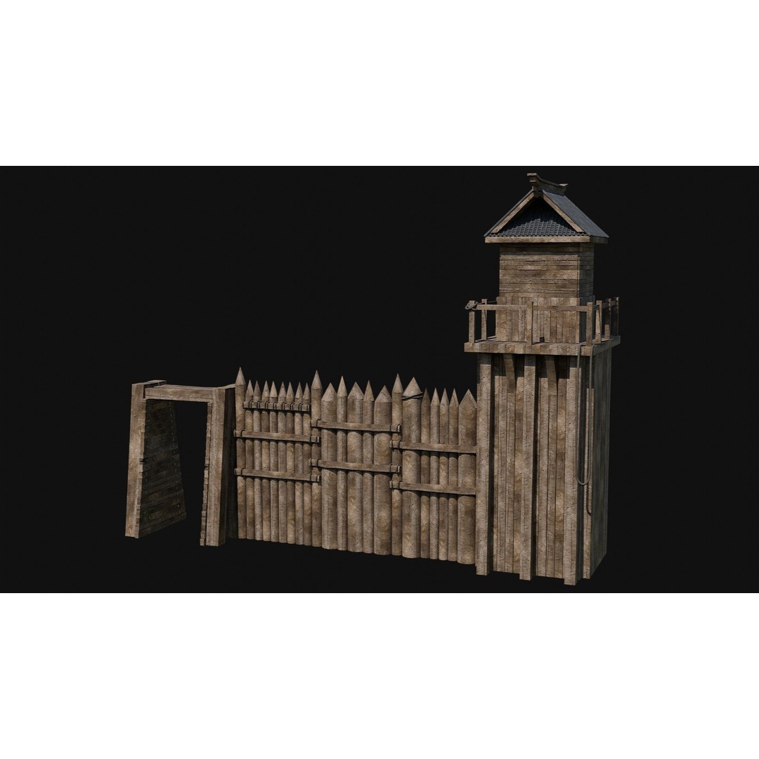 Modular Japanese Walls 3D Model – Low Poly Feudal Fence Collection, FBX, OBJ - View 27