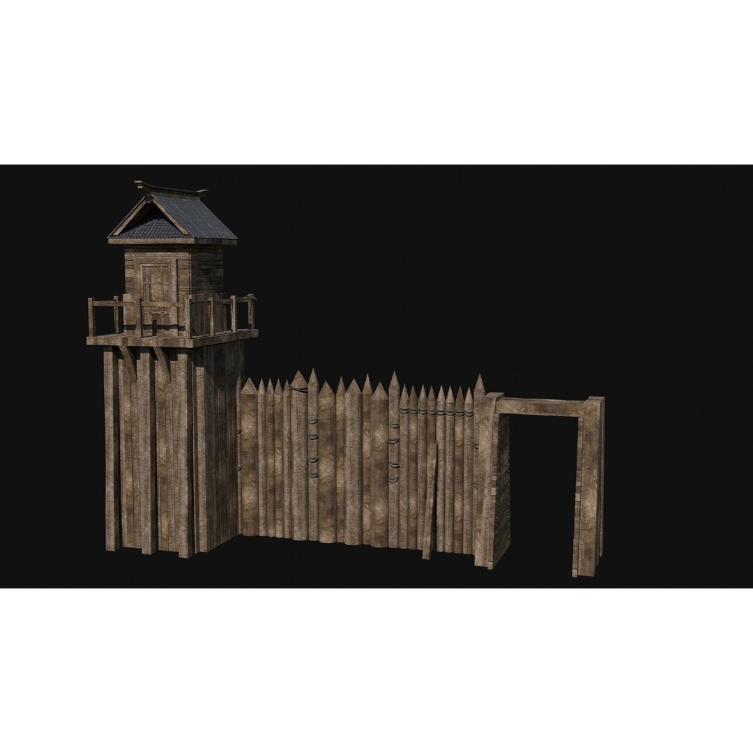 Modular Japanese Walls 3D Model – Low Poly Feudal Fence Collection, FBX, OBJ - View 28
