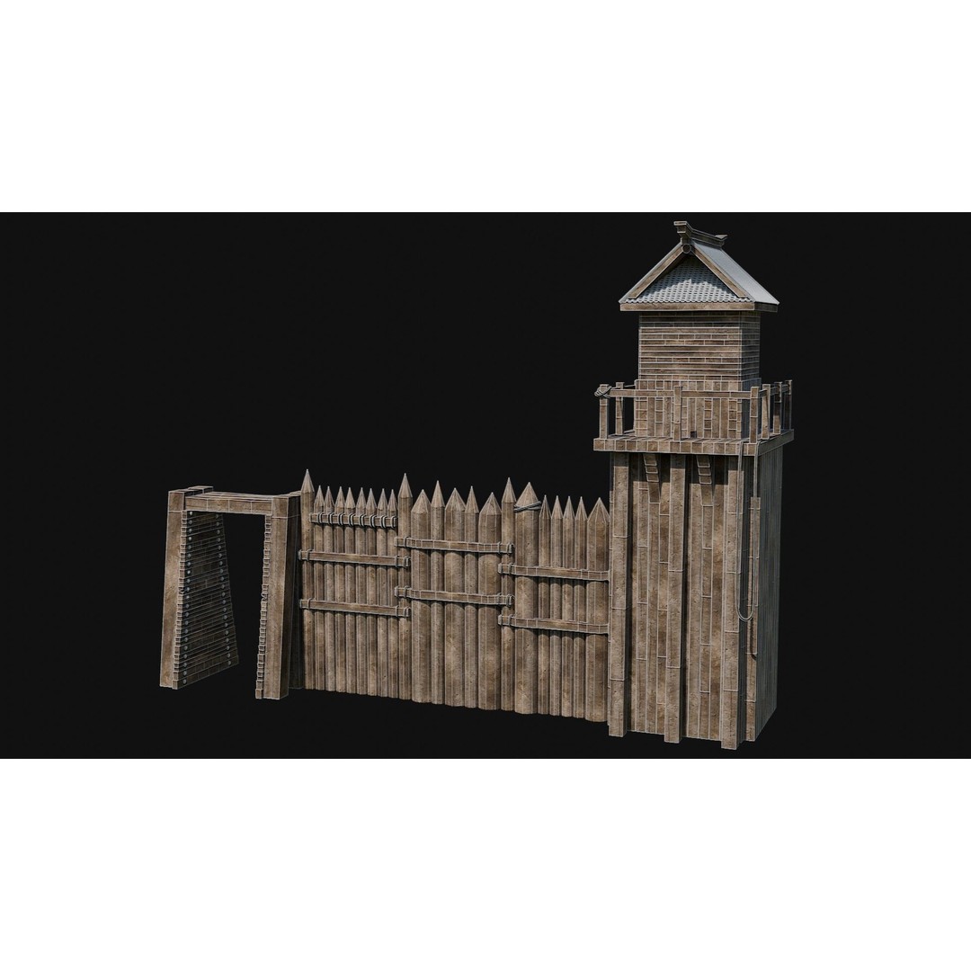 Modular Japanese Walls 3D Model – Low Poly Feudal Fence Collection, FBX, OBJ - View 29