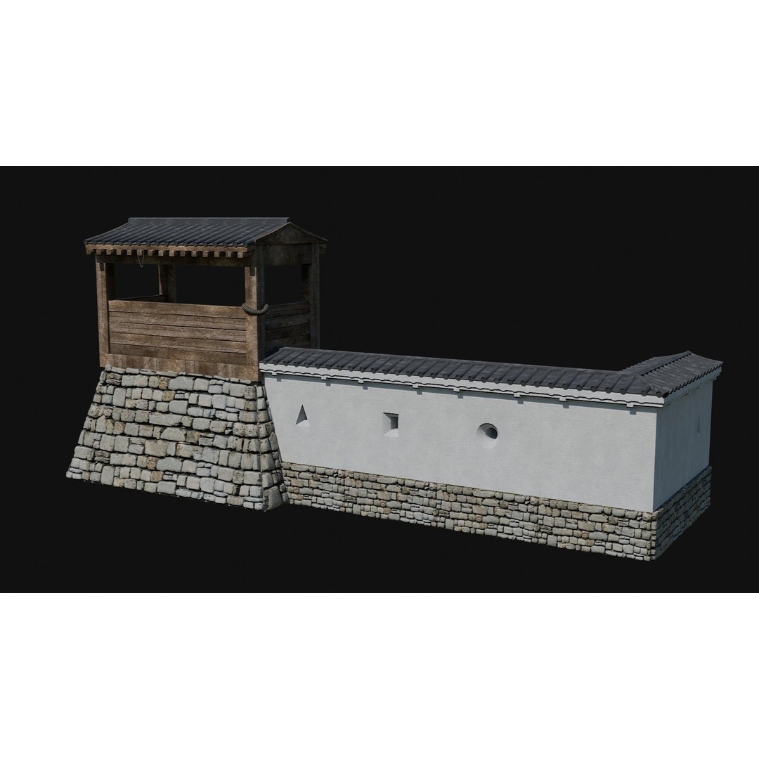 Modular Japanese Walls 3D Model – Low Poly Feudal Fence Collection, FBX, OBJ - View 3