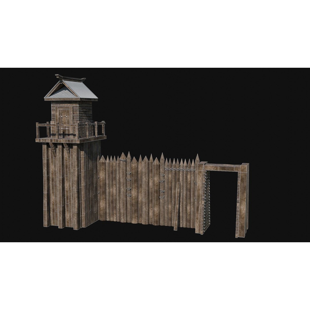 Modular Japanese Walls 3D Model – Low Poly Feudal Fence Collection, FBX, OBJ - View 30