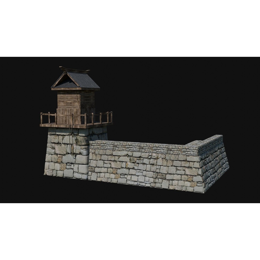 Modular Japanese Walls 3D Model – Low Poly Feudal Fence Collection, FBX, OBJ - View 31