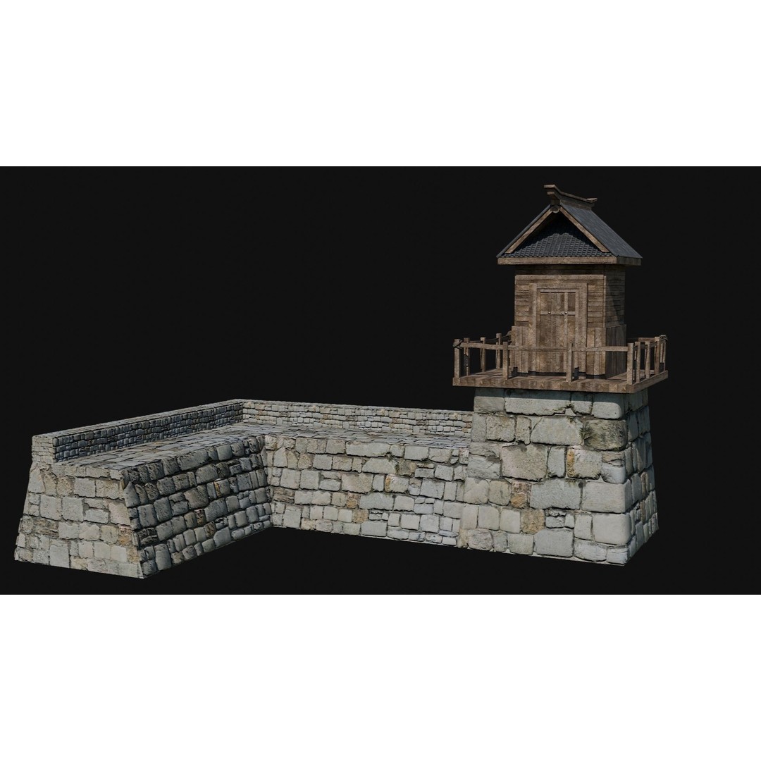 Modular Japanese Walls 3D Model – Low Poly Feudal Fence Collection, FBX, OBJ - View 32