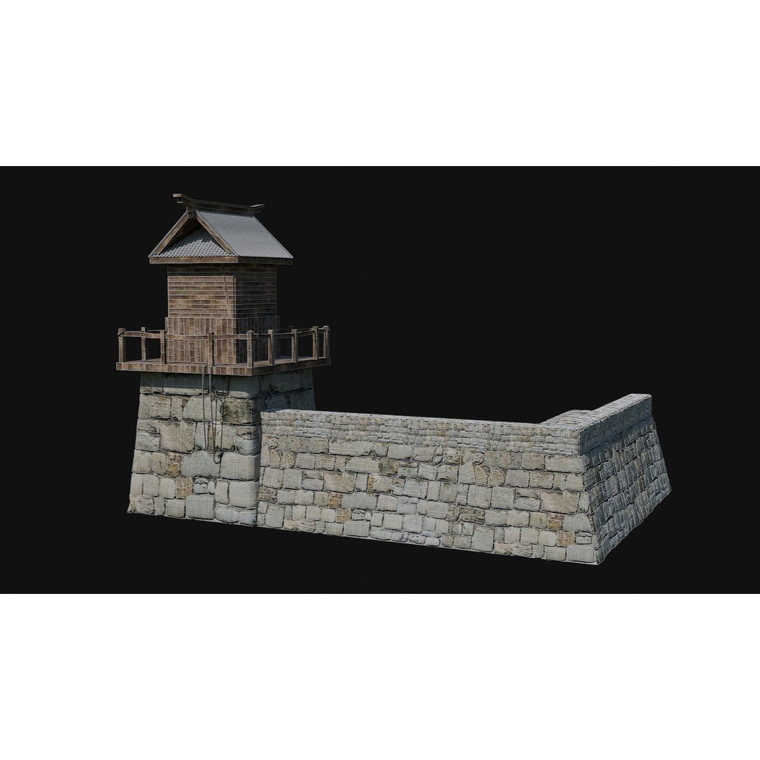 Modular Japanese Walls 3D Model – Low Poly Feudal Fence Collection, FBX, OBJ - View 33
