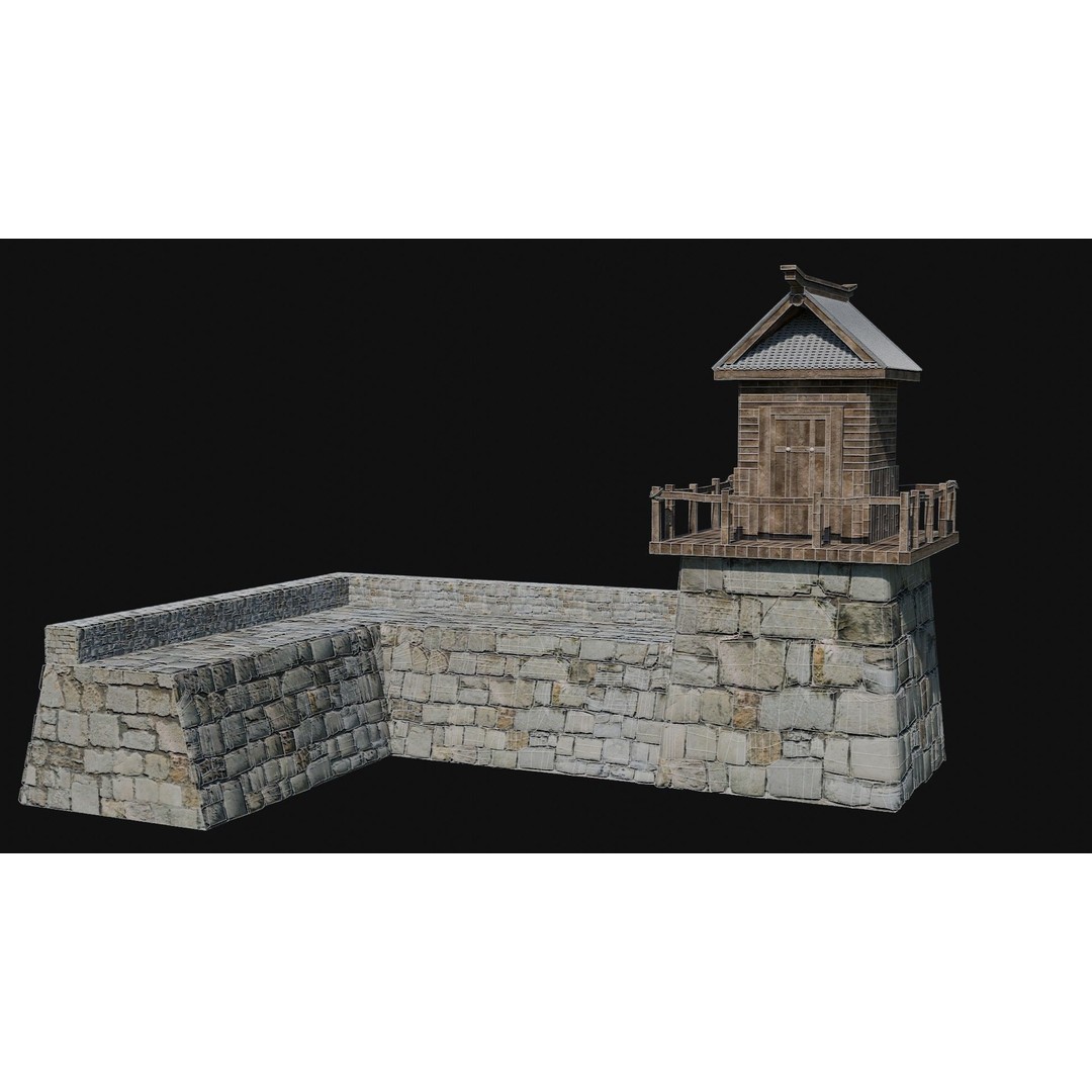 Modular Japanese Walls 3D Model – Low Poly Feudal Fence Collection, FBX, OBJ - View 34