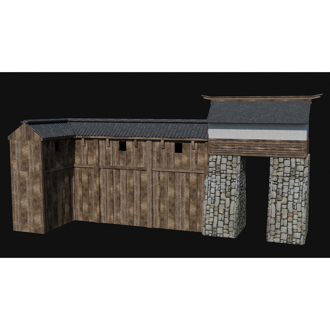 Modular Japanese Walls 3D Model – Low Poly Feudal Fence Collection, FBX, OBJ - View 36