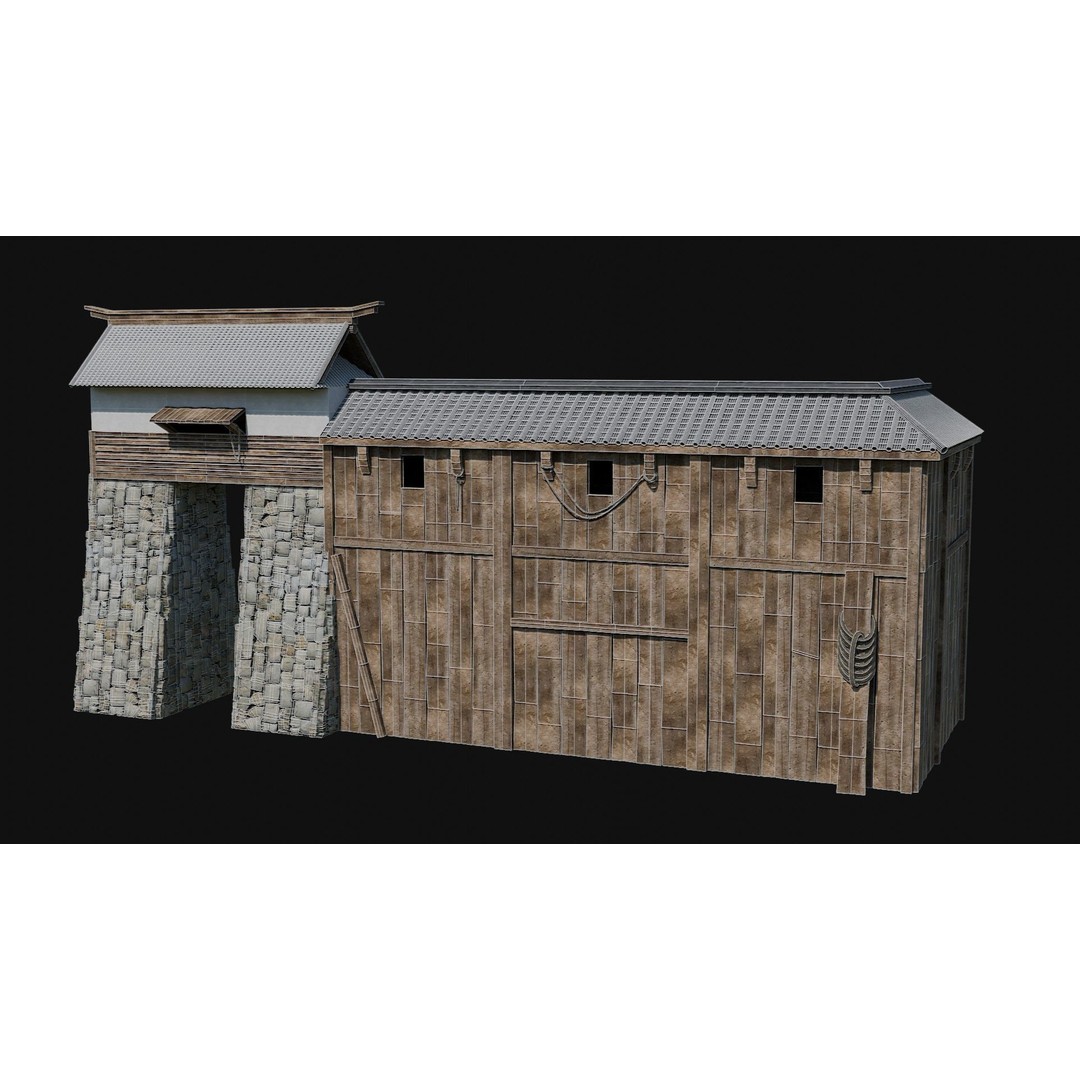 Modular Japanese Walls 3D Model – Low Poly Feudal Fence Collection, FBX, OBJ - View 37