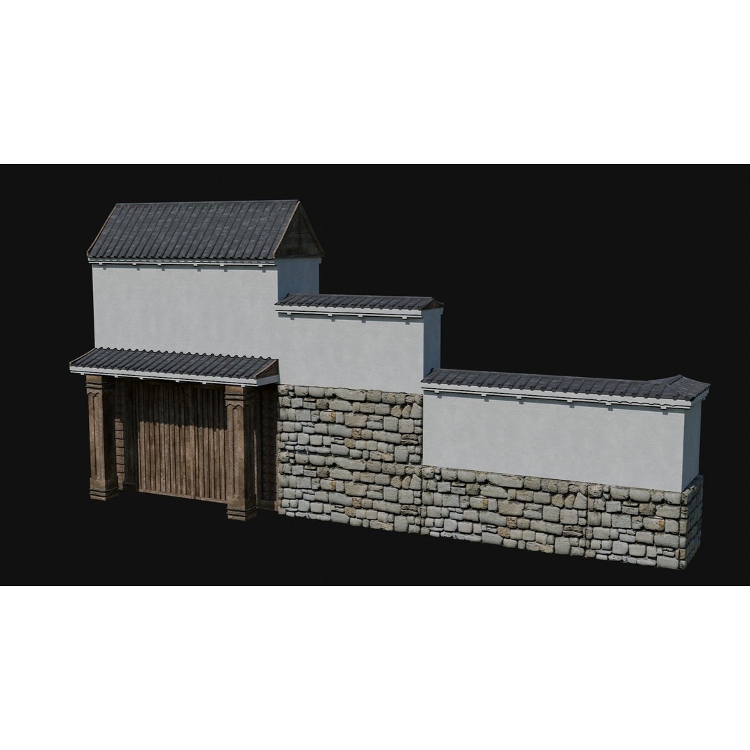 Modular Japanese Walls 3D Model – Low Poly Feudal Fence Collection, FBX, OBJ - View 7