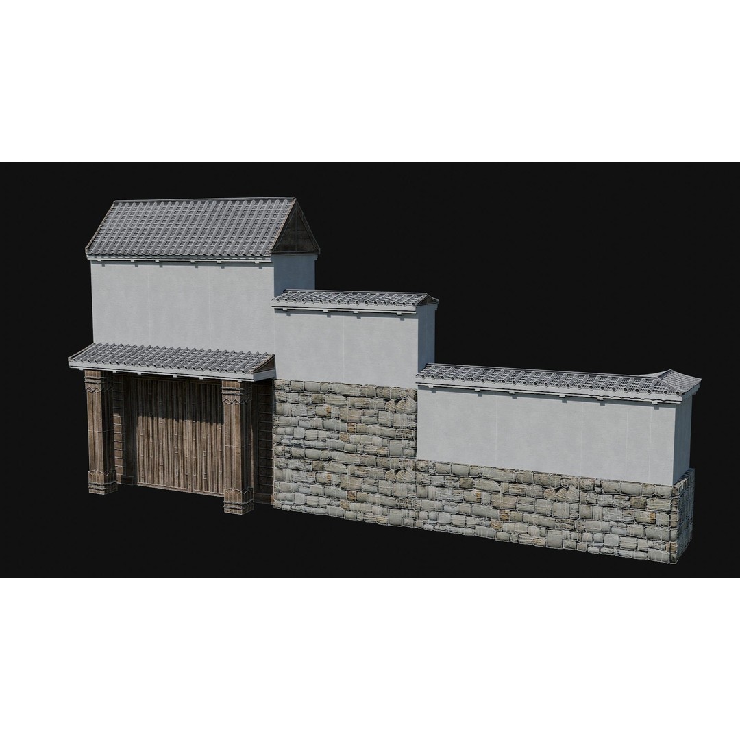 Modular Japanese Walls 3D Model – Low Poly Feudal Fence Collection, FBX, OBJ - View 9