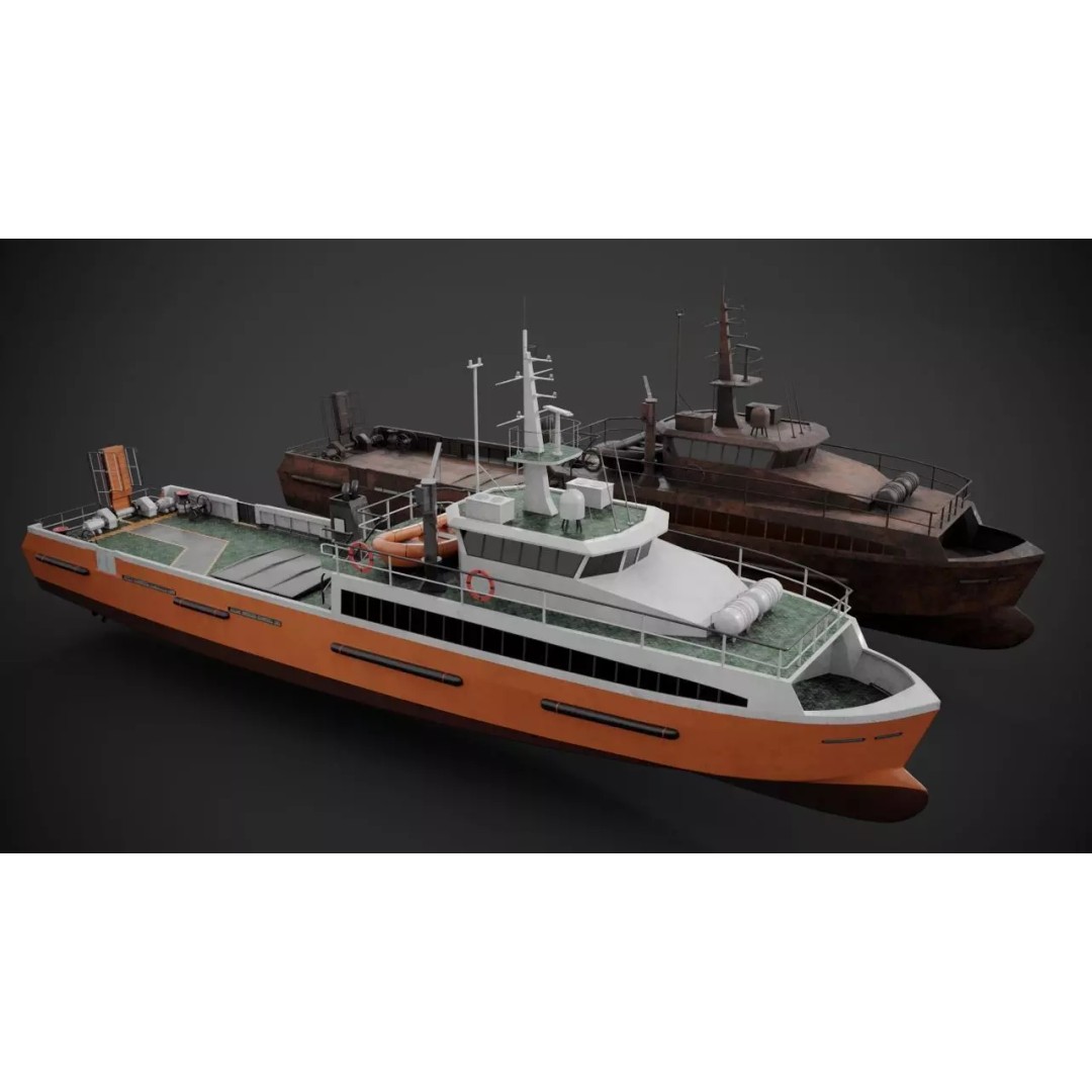 Crew Boat 3D Model – Low Poly Industrial Watercraft, FBX - View 2