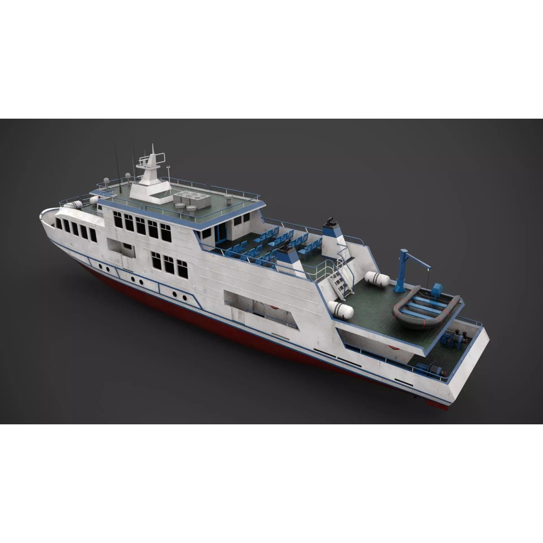 Excursion Boat 3D Model – Low Poly Industrial Vessel, FBX - View 6