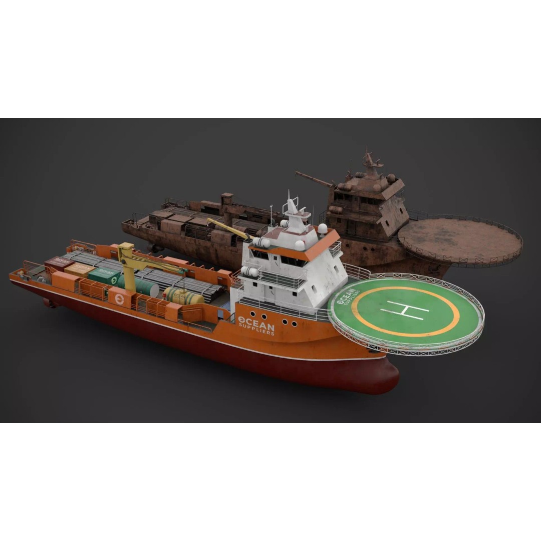 Offshore Supply Vessel 3D Model – Low Poly Industrial Asset, FBX - View 2