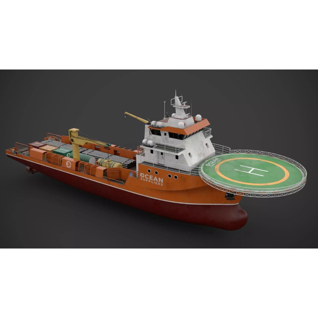 Offshore Supply Vessel 3D Model – Low Poly Industrial Asset, FBX - View 4