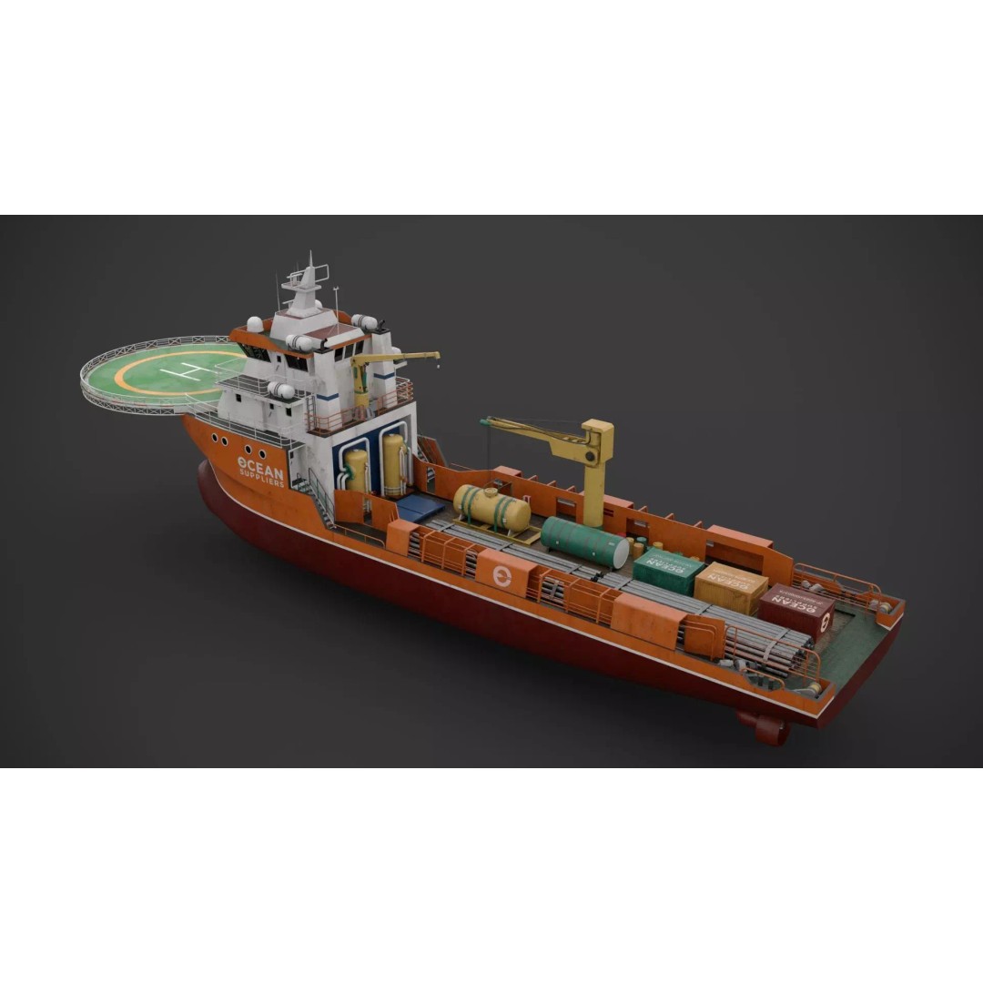 Offshore Supply Vessel 3D Model – Low Poly Industrial Asset, FBX - View 6