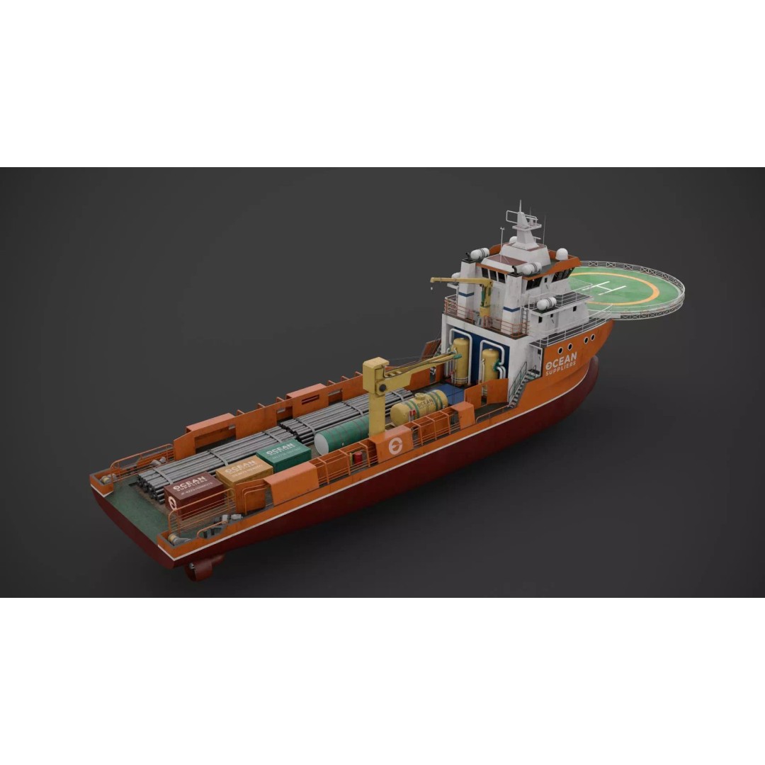 Offshore Supply Vessel 3D Model – Low Poly Industrial Asset, FBX - View 7