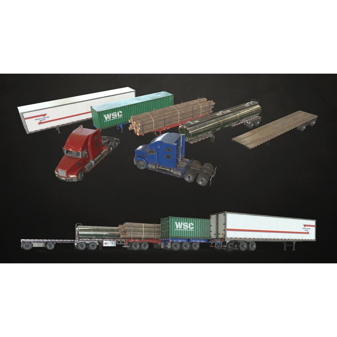 Semi Truck 3D Model – Low Poly Game Ready Collection, FBX - View 3