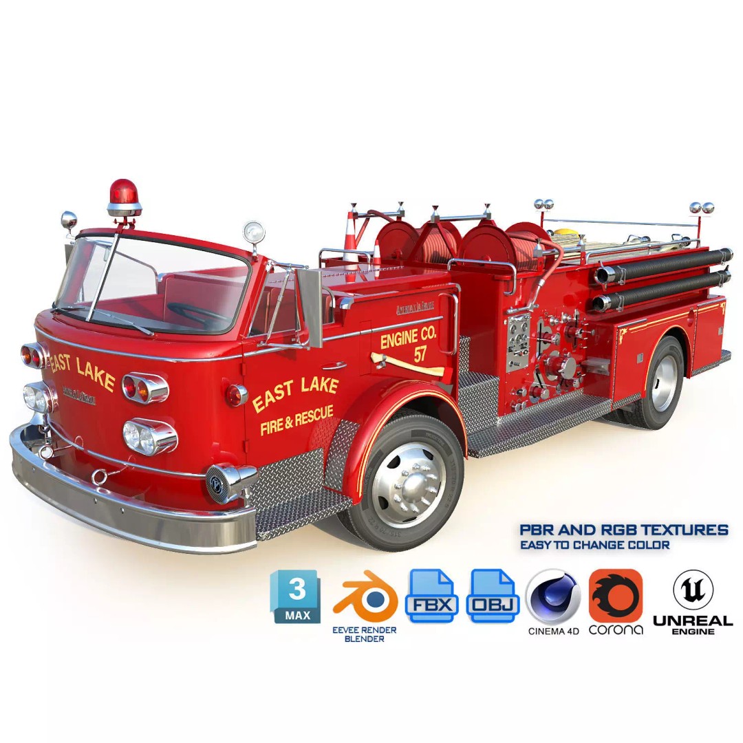 American La France 900 Fire Truck 3D Model – Low Poly PBR Game Asset, FBX - View 2